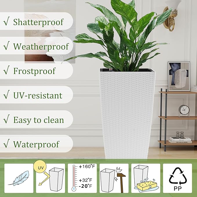 IndoorOutdoor Faux Rattan Square Planter 22.6 inch White Plastic Large Planter with Automatic Watering System for Home and G(White 22.6 inch 2 Pack)