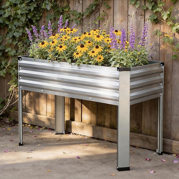 Galvanized Raised Garden Bed with Legs 48x24x32in Elevated Raised Garden Bed Outdoor with Drainage Holes Planter Boxes for Gardening Vegetable Flower Fruit in Backyard Patio Balcony (Silver)