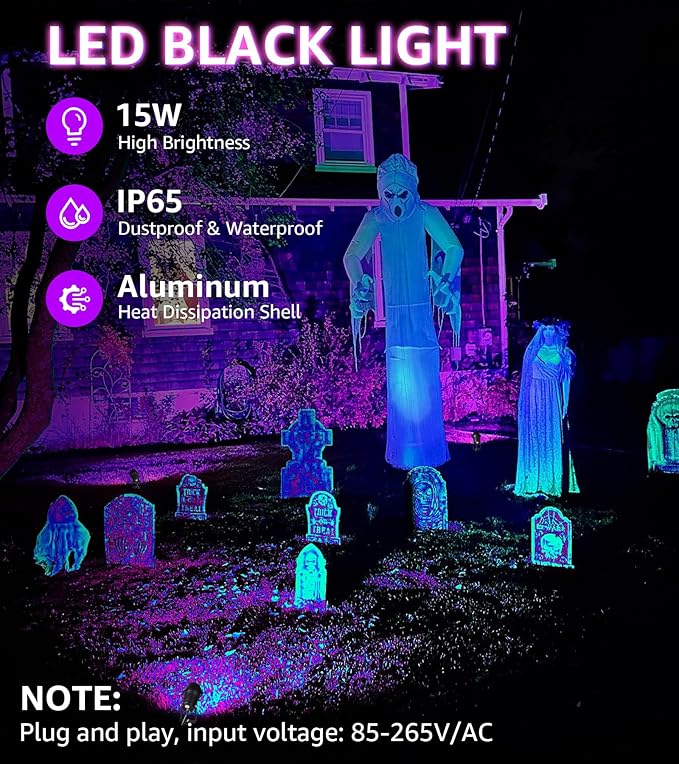 2 Pack Halloween Black Light Spot Light Outdoor Blacklight Spotlight 15W Outdoor Black Light Waterproof Purple Blacklight Spotlight LED Blacklights for Glow Party Fluorescence Poster
