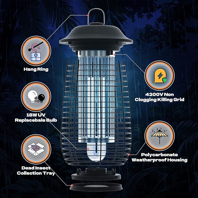 Bug Zapper Indoor &amp Outdoor 4200V Electric Mosquito Zapper 10 Years Lifespan 6.5ft Power Cord Waterproof Fly Trap Mosquito Trap Fly Killer Fly Zapper for Home Patio Kitchen Backyard Camp