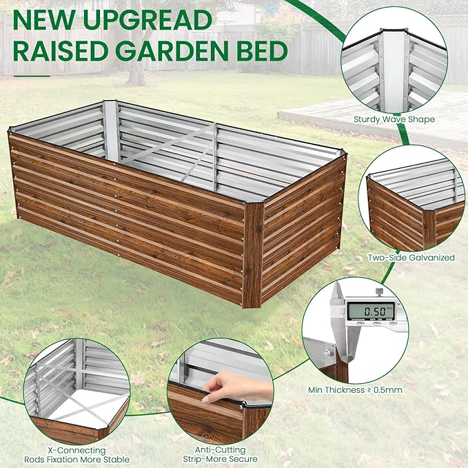 Homdox Galvanized Raised Garden Bed 6x3x2ft Galvanized Planter Garden Boxes Outdoor Thickened Large Metal Planter Box for Gardening and Planting Vegetables and Fruits (Wood Grain)