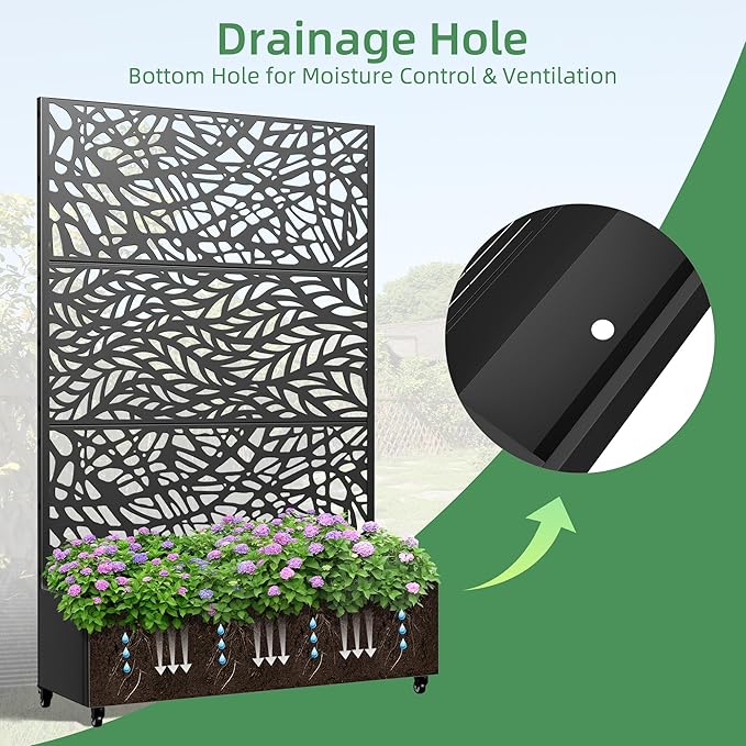 Casaphoria Metal Raised Garden Bed with Trellis and Wheels 72x 47x 16 Planter Box for Climbing Plants Vegetables &amp Vines Features Drainage Holes and Privacy ScreenBlack(Black-Spring&ampNet