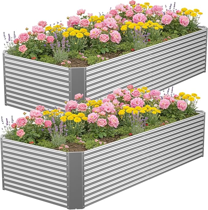 2 Pcs 8 x 3 FT Galvanized Steel Raised Garden Bed – Weatherproof Outdoor Metal Planter Box for Vegetables Herbs &amp Flowers Easy Assembly for Beginners