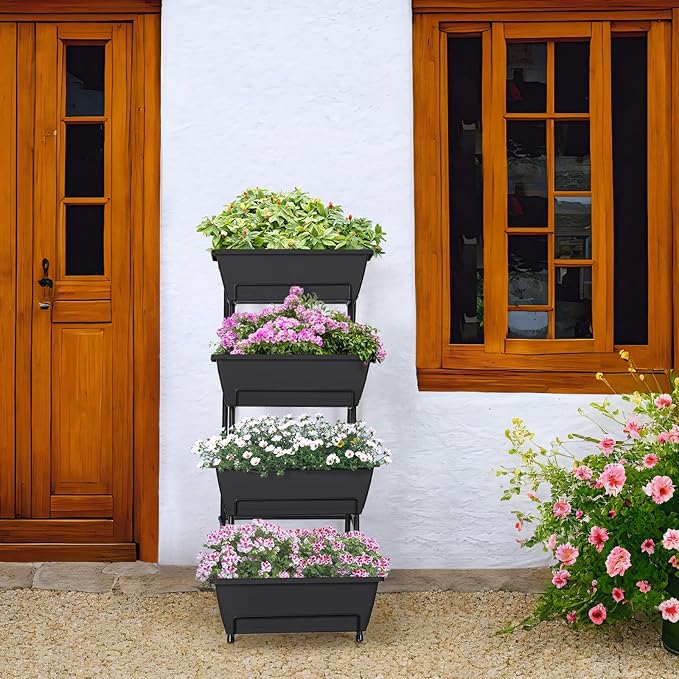 OYEAL Raised Garden Bed 4 Tier Vertical Garden Planters Indoor Outdoor Raised Planter Box with Legs Elevated Herb Garden Planter for Flowers Vegetables Plants Black