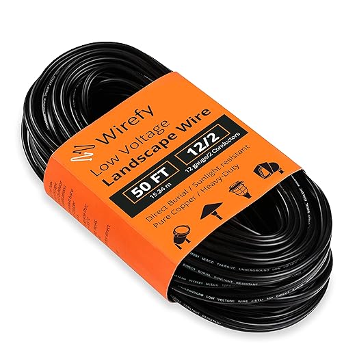 Wirefy 12/2 Low Voltage Landscape Wire 50 ft | Low Voltage Landscape Lighting Wire | Pure Copper | Outdoor Direct Burial | 12-Gauge 2-Conductor 50 Feet