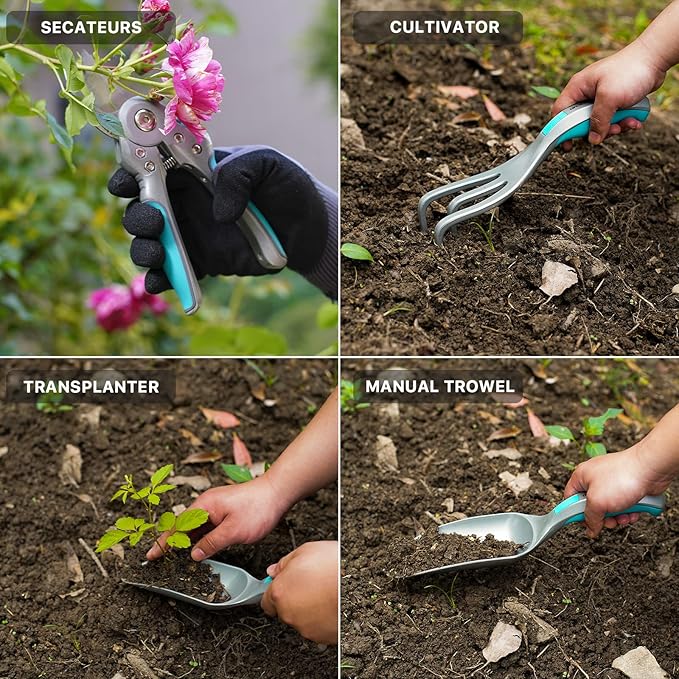 GOODSMANN Heavy Duty Garden Tools Aluminum Gardening Tools Set of 4 Includes Flower Garden Shovel Hand Trowel Weeding Cultivator and Garden Pruning Shears for Women/Men