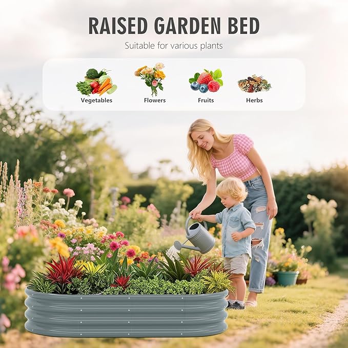 Galvanized Raised Garden Bed Kit Galvanized Planter Raised Garden Boxes Outdoor Oval Metal Raised Garden Beds for Vegetables (Gray)