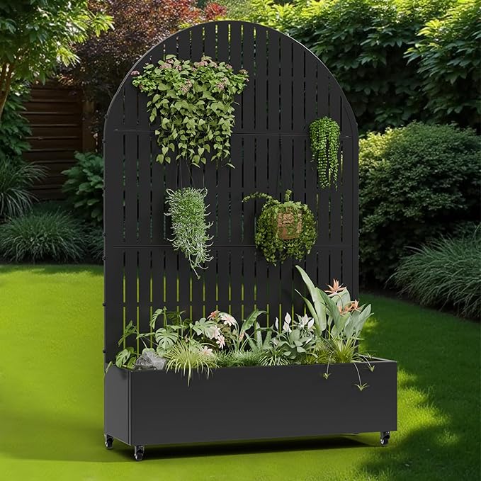 Casaphoria Metal Raised Garden Bed with Trellis and Wheels 72x47x16 Arched Planter Box for Climbing Plants Vegetables &amp Vines Features Drainage Holes and Privacy Screen (Black-Fence)