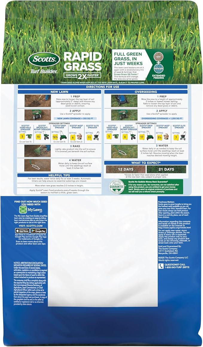 Scotts Turf Builder Rapid Grass Sun and Shade Mix Combination Seed and Fertilizer Grows Green Grass in Just Weeks 2.4 lb.