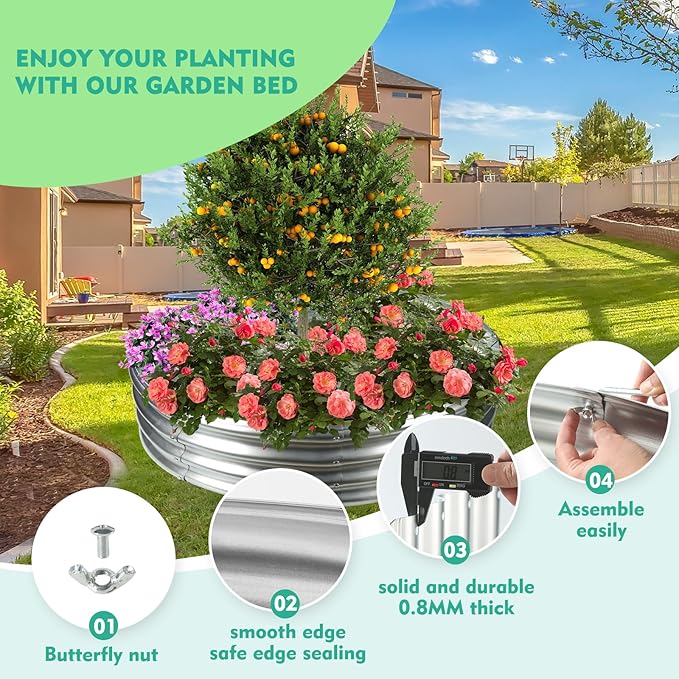 5FT Diameter Galvanized Garden Raised Bed/Plant Box/Fire Pit Ring-0.8mm Thick12 Inch TallCrimped Edge and CornerNo SharpePerfect for Plantings (Silver 60 Dia X 11.5 inches)