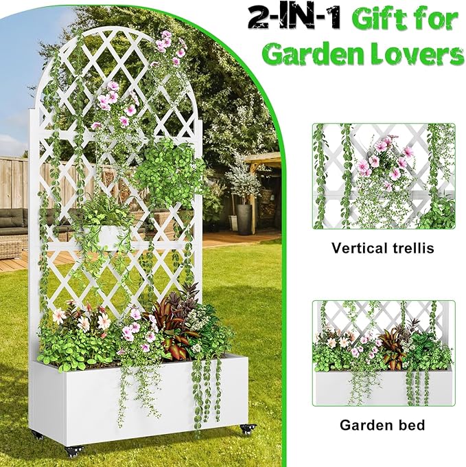 Raised Garden Bed with Trellis Metal Planter Box with Drainage Hole and Wheels Privacy Screen Rust-Resistant Trellis Planter for Climbing Plants Vegetable Vines Space-Saving White