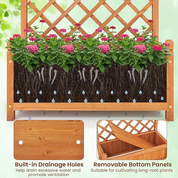 MAT EXPERT Raised Garden Bed with Trellis Lattice Panel with Hanging Roof Drainage Hole Planter Box for Flower Vine Elevated Outdoor Planter for Garden