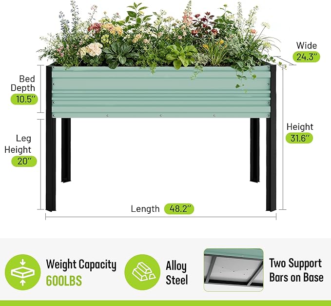 WORKPRO 48x24x32in Outdoor Galvanized Raised Garden Bed with Legs 600LB Elevated Planter Box for Vegetable Flowers Herbs Light Green