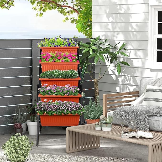 Homdox 2 Pack Elevated Garden Bed 5-Tier Freestanding Vertical Raised Bed for Gardening 5 Garden Planter Boxes and 5 Hooks Perfect to Grow Vegetables Herbs Flowers Outdoor Indoor Brick Red