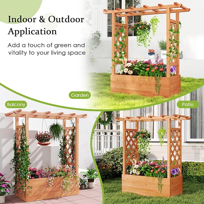 HOMGX Raised Garden Bed with Trellis Vertical Garden Planter w/Drainage Holes for Climbing Vines Roses Tomatoes Tiered Flower Stand for Flowers Herbs Climbing Vines
