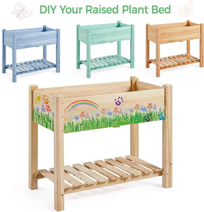 Yaheetech 34x18x30in Horticulture Raised Garden Bed 2pcs Planter Box with Legs &amp Storage Shelf Wooden Elevated Vegetable Growing Bed for Flower/Herb/Backyard/Patio/Balcony