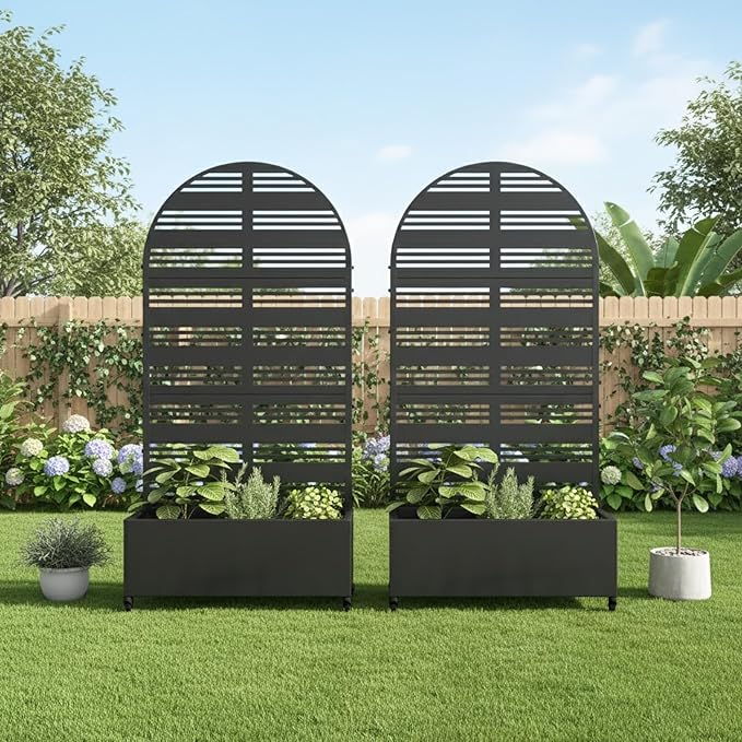 Casaphoria 72x35 Metal Raised Garden Bed with Trellis(2 Pack) Outdoor Planter Box with Wheels &amp Drainage Holes for Climbing Plants Flowers Elevated Garden Kit with Privacy Screen Black-Harol