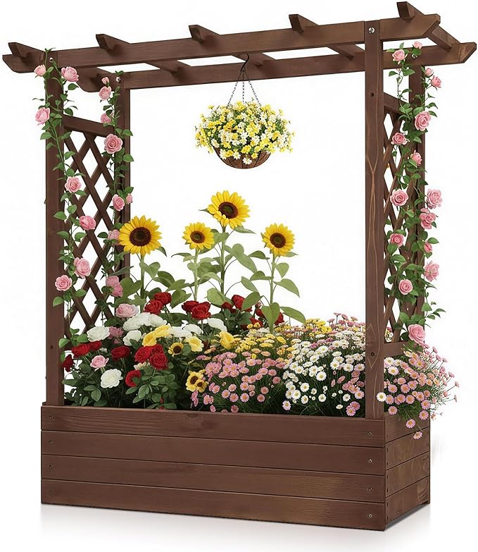 VINGLI Raised Garden Bed with Trellis &amp Hanging Roof Wooden Garden Bed Outdoor Planter Box for Yard Garden Balcony (Carbonized Wood Color Medium)