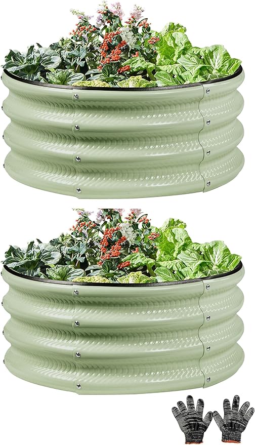 2 Pcs 2x2X1 ft Galvanized Raised Garden Bed with Embossed Leaf Vein Pattern Light Green Metal Round Outdoor Planter Box for Vegetables Fruits Flowers &amp Herbs