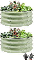 2 Pcs 2x2X1 ft Galvanized Raised Garden Bed with Embossed Leaf Vein Pattern Light Green Metal Round Outdoor Planter Box for Vegetables Fruits Flowers &amp Herbs