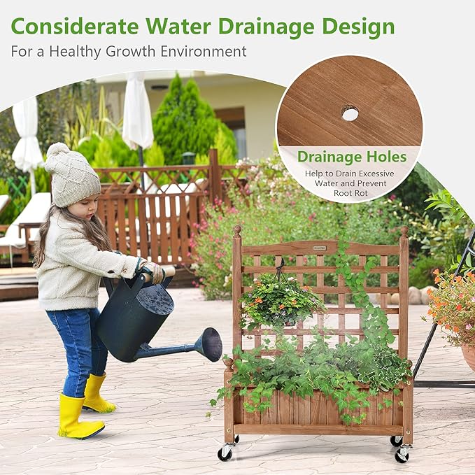 Giantex Mobile Plant Raised Bed Wood Planter with Lattice Trellis and Wheels Flower Box for Plant Climbing Vertical Garden for Balcony Patio Yard (1 25x 11x 32.5)