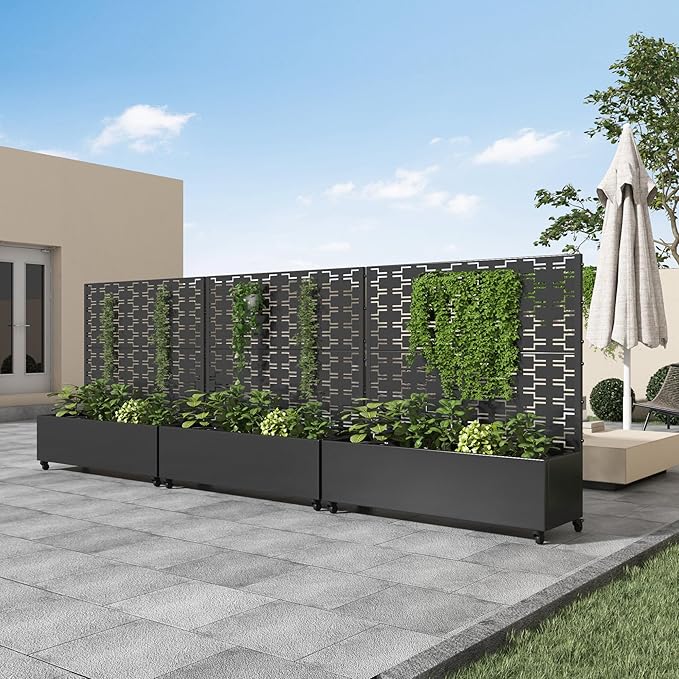 Casaphoria 47x47 Metal Raised Garden Bed with Trellis(2 Pack) Outdoor Planter Box with Wheels &amp Drainage Holes for Climbing Plants Flowers Elevated Garden Kit with Privacy Screen Black-Brick