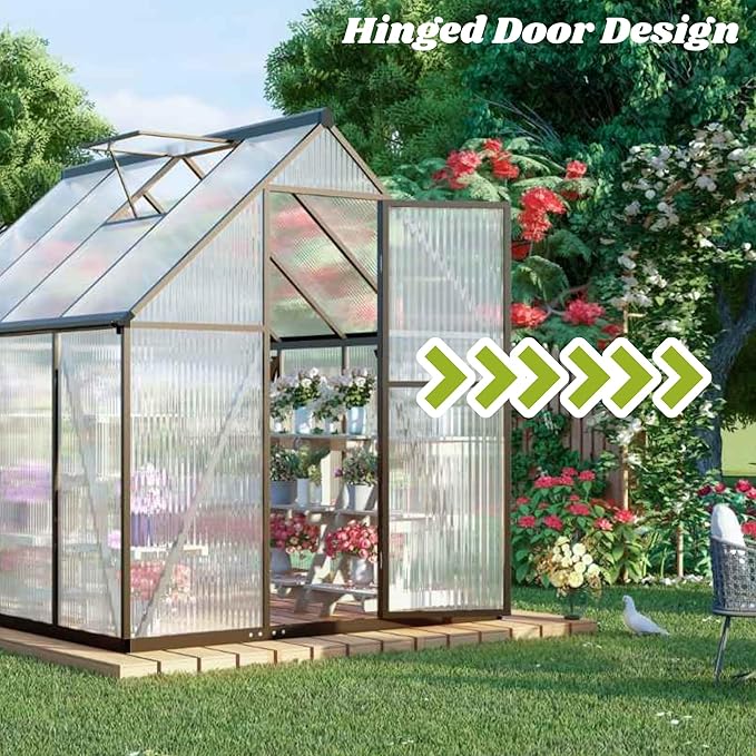 6 x 4 FT Greenhouse for Outdoors Polycarbonate Greenhouse with Quick Setup Structure and Roof Vent Aluminum Large Walk-in Green House for Outside Garden Backyard Charcoal Black