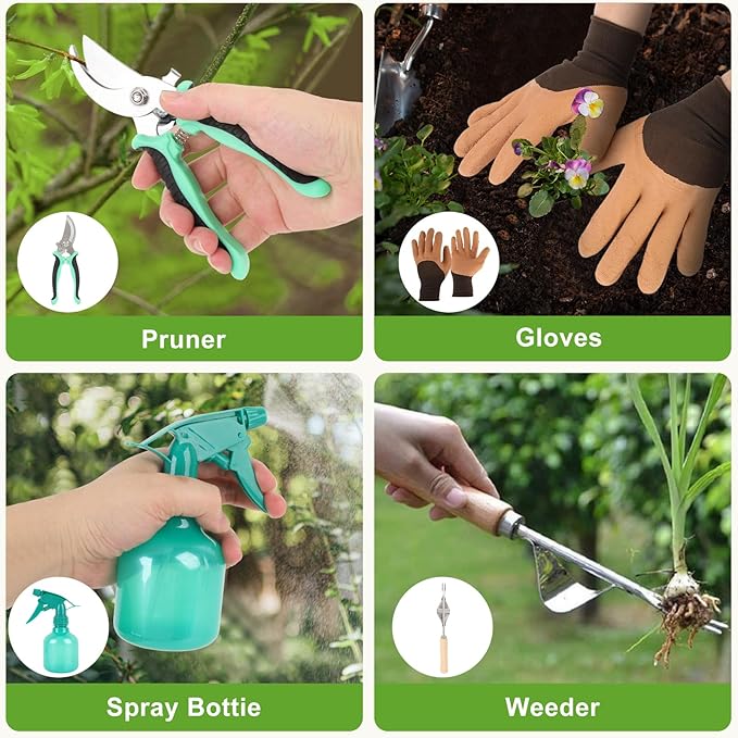 Gardening Tools 9 Piece Heavy Duty Rust-Proof Gardening Tool Set with Storage Bag and Anti-Slip Rubber Gloves Ideal Gardening Gifts for Mothers and Women