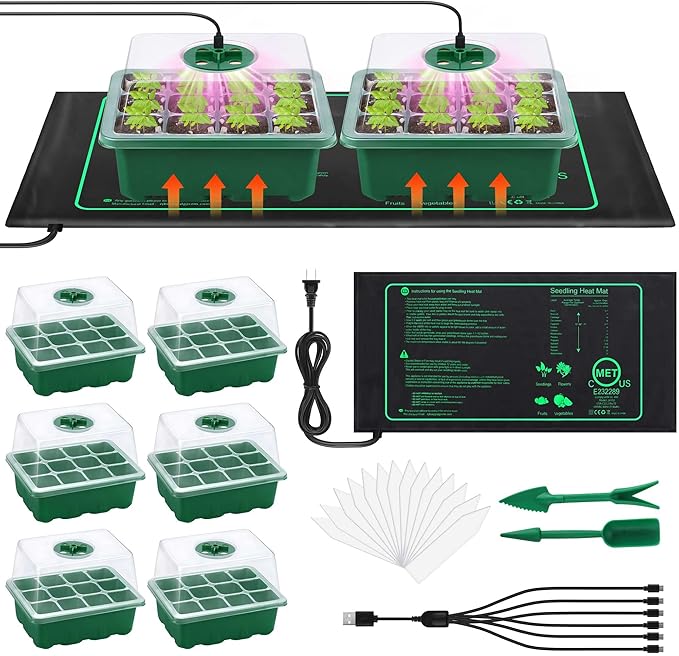 6 Pack Seed Starter Tray Kit with Grow Light and Seedling Heat Mat 72 Cells Seed Starter Tray with Humidity Dome and Base Plastic Plant Growing Germination Trays for Seed Propagation Green