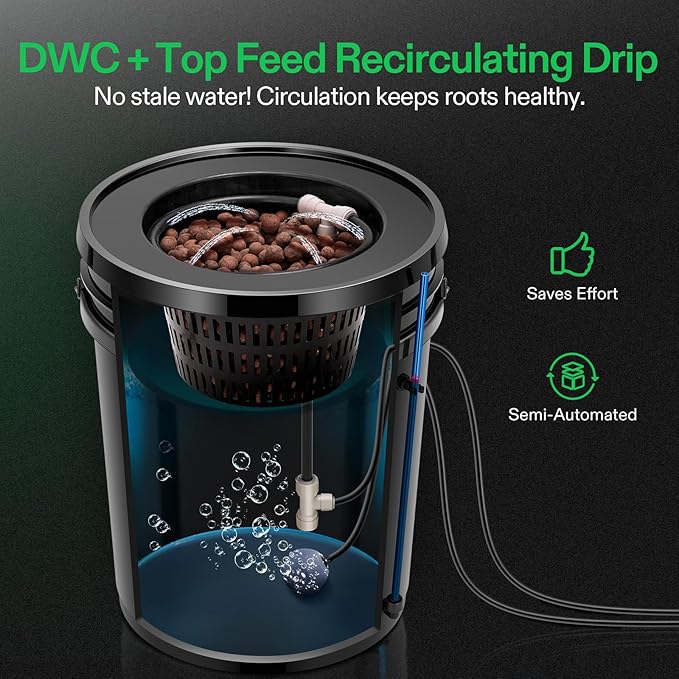 VIVOSUN DWC Hydroponics Grow System with Top Drip Kit 5-Gallon Deep Water Culture Recirculating Drip Garden System with Multi-Purpose Air Hose Air Pump and Air Stone (8 Buckets + Top Drip Kit)