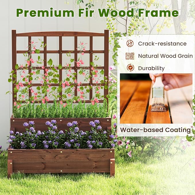 Giantex 2 Pcs Raised Garden Bed with Legs and Trellis 2-Tier Standing Planter Box with Drain Holes Outdoor Elevated Garden Trellis for Vine Climbing Flower Vegetable Fruit Herb Growing