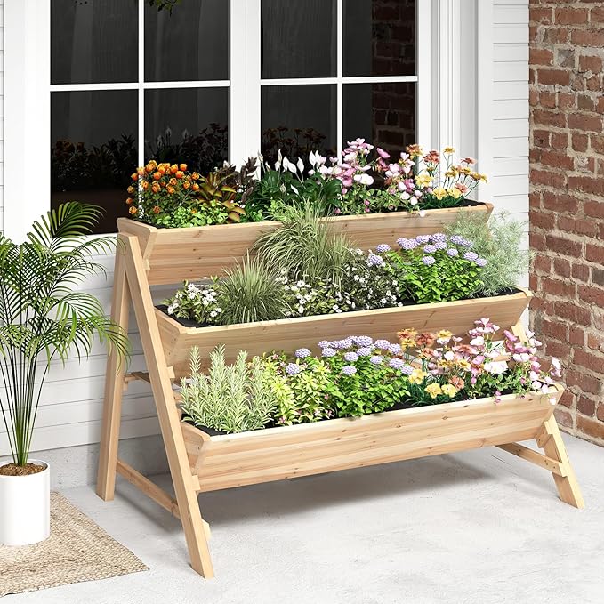 Giantex 3-Tier Raised Garden Bed Wooden Vertical Planter Box with Storage Shelf 2 Hanging Hooks &amp 3 Bed Liners All-Weather Freestanding Planter Elevated Raised Beds for Lawn Patio Natural