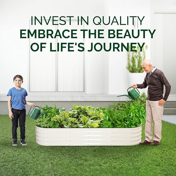 IDZO Galvanized Steel Raised Garden Beds 8x2x1.4 Ft with 7 Coating Layers 12 Shape Options Large Modular Metal Raised Garden Bed Outdoor for Vegetables Herbs Flower - Ivory