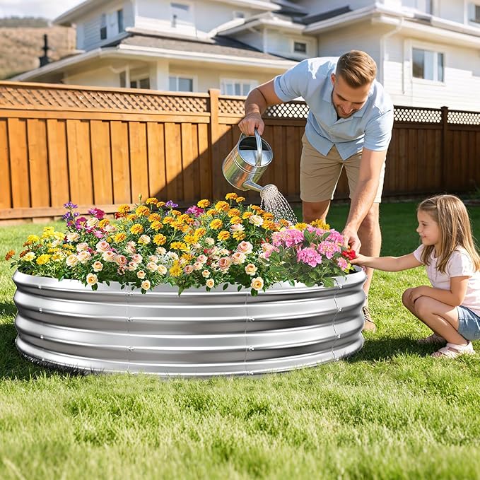 12 Inch Tall Heavy-Duty Round Steel Rised Garden Bed – Wave-Shaped Design Galvanized Metal Planter Box for Vegetables Flowers Succulent at Patio/Garden Outdoor (Silver 60 Diameter)