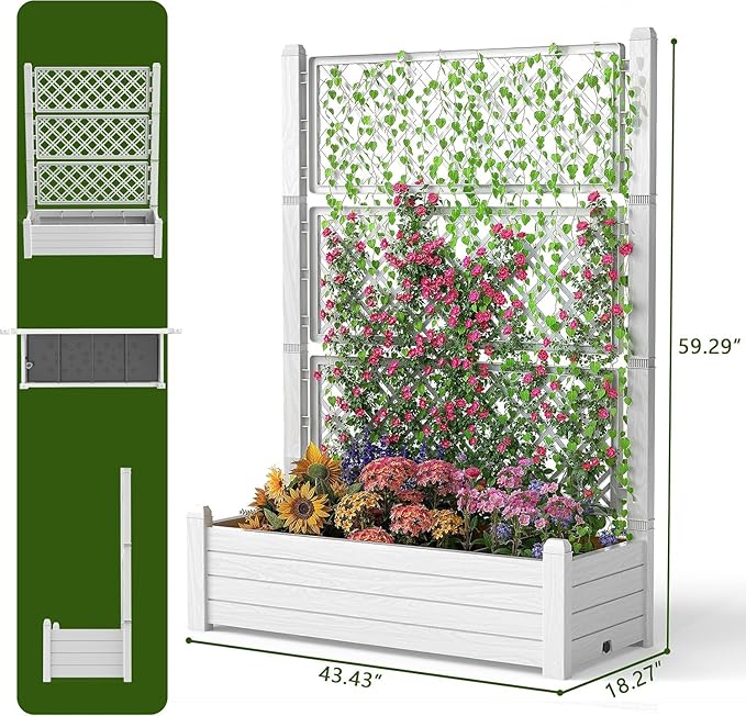 Raised Garden Bed with Trellis for Climbing Plants Outdoor Planter Box with Drainage Eco-Friendly Material for Patio Balcony Yard Dust-Resistant (Ashen43.43 * 18.27 * 59.29)