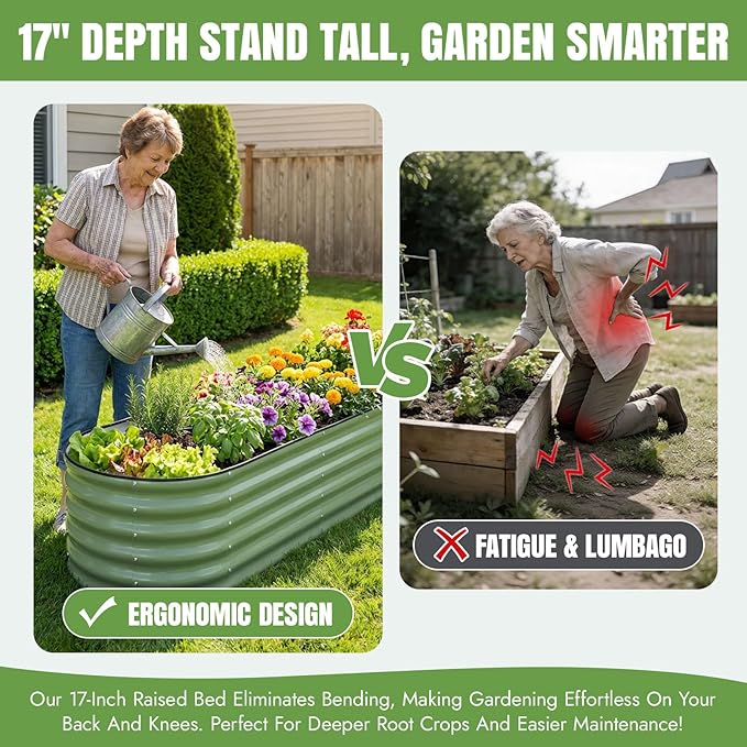 INNO STAGE Galvanized Raised Garden Bed Kits 8x2x1.4FT Metal Raised Garden Beds Outdoor 17'' Tall Large Steel Raised Planter Bed for Vegetables &amp Flowers Patio Ground Planter Box (Olive Green 2