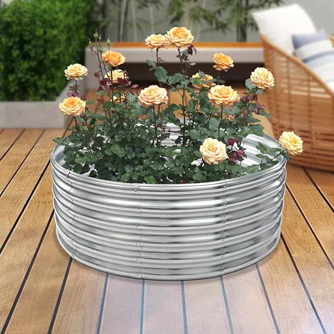 17 × 42 Inch Round Raised Garden Bed Outdoor Metal Flower Bed Patio Ground Planter Box Steel Patio Ground Planter (Silver)