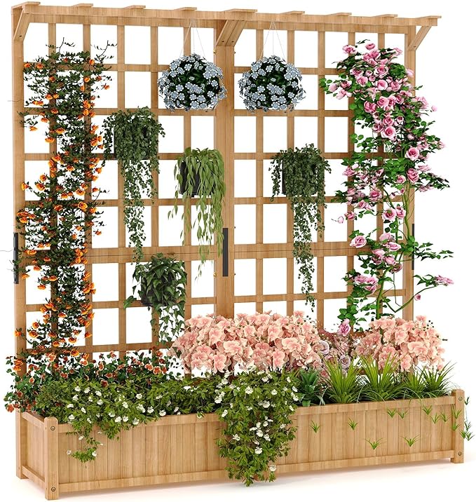 Garvee 48.8 in l x 16.2 in w x 63 in h Two-Tier Wooden Planter Box with Trellis &amp Hanging Roof 1.4Ft Deep Elevated Raised Bed for Outdoor Flowers Vegetables Drainage Holes