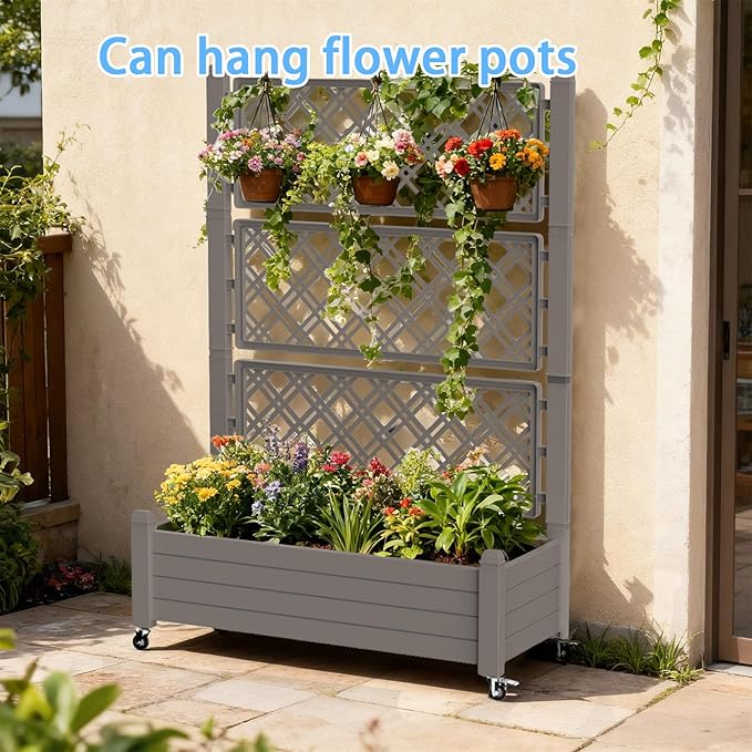 Mobile Garden Planter with Trellis &amp Lockable Wheels Outdoor Raised Bed with Drainage &amp Water Gauge Weather-Resistant Resin for Patio Balcony Yard Dust-Resistant (Grey 43.43*18.27*64.29)