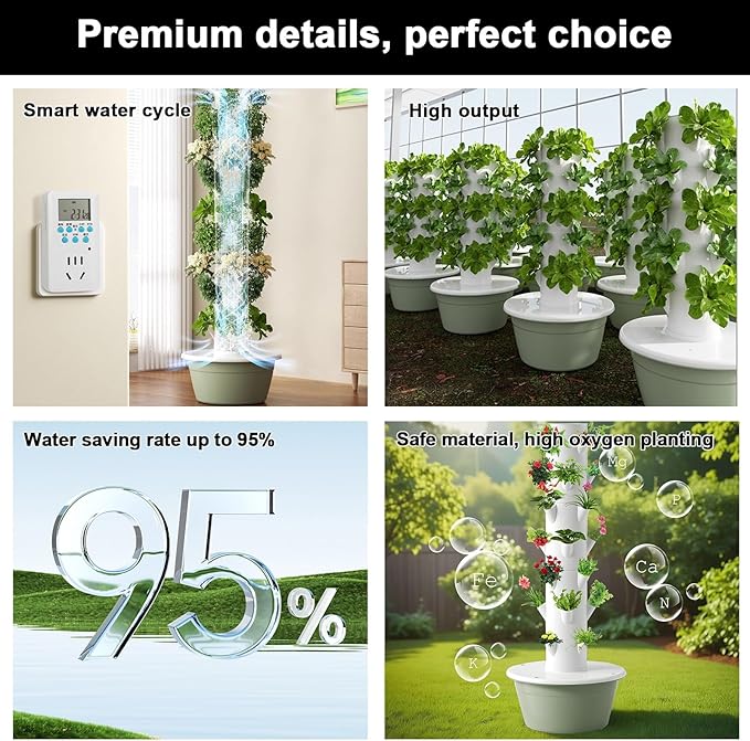 Tower Garden Growing System 20/28/36 Plants Vertical Farming Tower with Hydrating Pump Adapter for Growing Herbs Fruits and Vegetables Hydroponics Tower Growing System Kit(165cm/65in)
