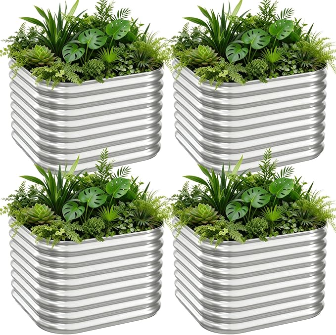 4 PCS Galvanized Raised Garden Bed Outdoor Metal Garden Bed for Vegetables Above Ground Garden Box for Flower Steel Raised Beds for Gardening - 3FT