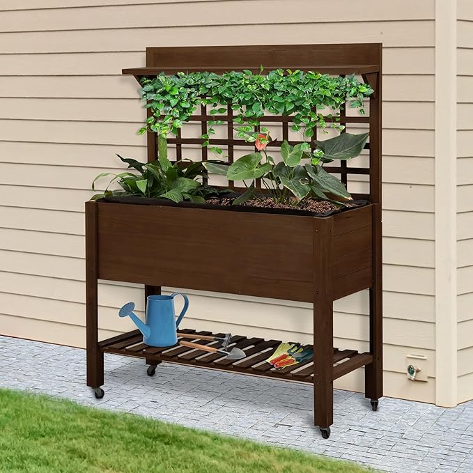 4.5ftx2.5ft Durable Sustainable Premium Heavy-Duty Natural Wooden Raised Garden Bed with Wheels Trellis Storage Shelf Dark Brown Finish