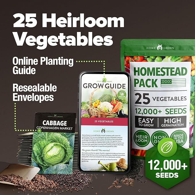 HOME GROWN 25 Heirloom Vegetable Seeds Kit - 12000+ Non-GMO Seeds for Planting Vegetables Survival Garden Seed Vault Tomatoes Carrots Beans Kale Peppers Indoor Outdoor Garden