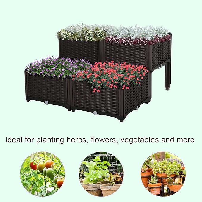 4 Piece Raised Garden Bed with Legs Self-Watering Planter Box Raised Bed to Grow Flowers Herbs &amp Vegetables Brown