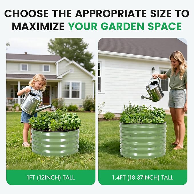 INNO STAG 3 Pcs Round Galvanized Raised Garden Bed — 2×2×1ft Planter Box Outdoor Raised Beds Kit for Gardening Vegetables Fruits Herbs and Flowers Olive Green