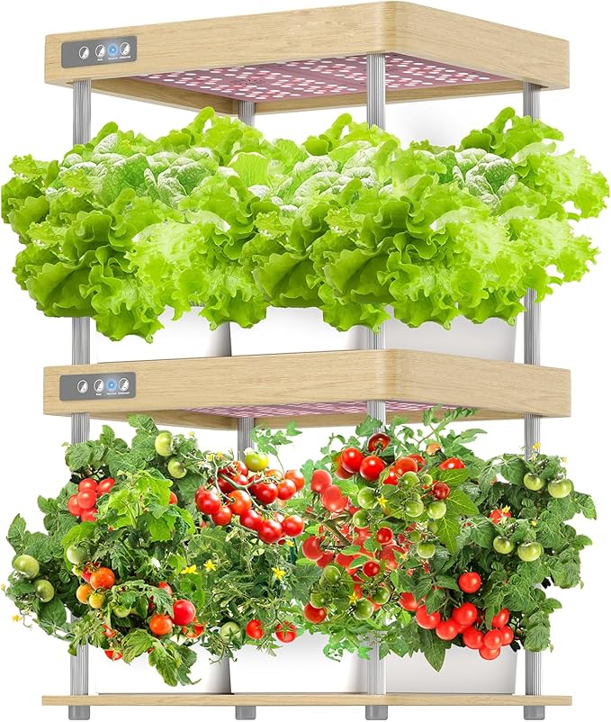 Solid Wood Hydroponic Garden Kit 32-Pod Indoor Grow Station with Full-Spectrum LED 4 Separate Water Reservoirs Countertop Herb and Vegetable Planter for Home