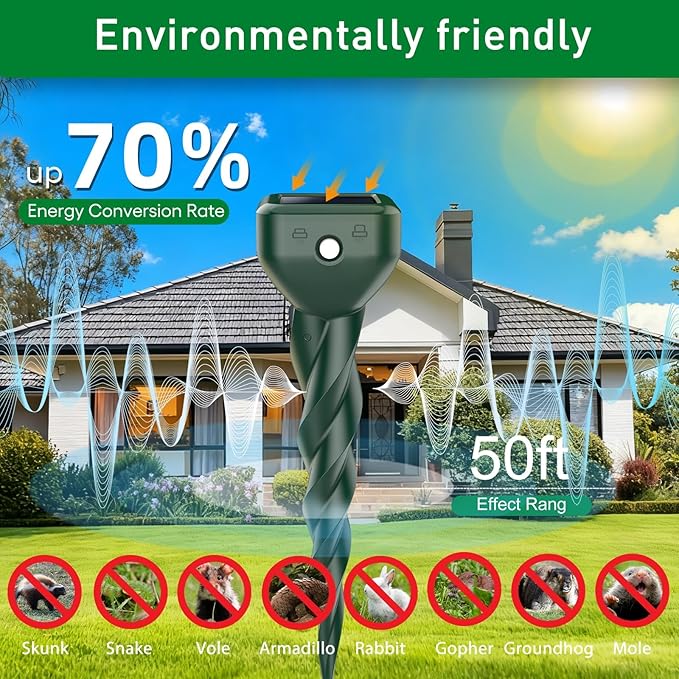 Mole Repellent Solar Powered 8 Pack Snake &amp Skunk Repellent for Yard IP 65 Waterproof Ultrasonic Deterrent Stakes Get Rid for Rabbit Gopher Vole Chipmunk Deer Groundhog for Lawns Garden