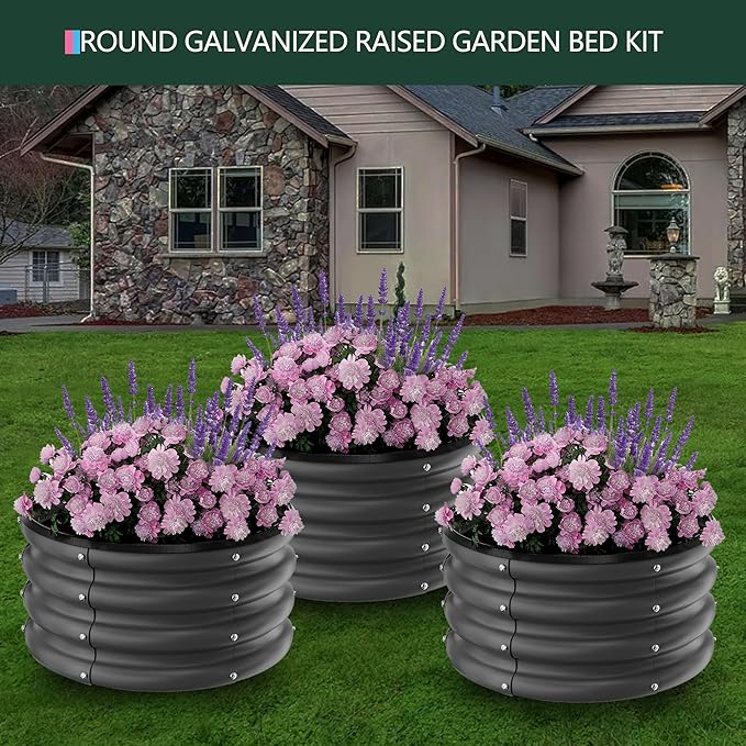 PeakPursuit 3-Pack 2x2x1Ft Galvanized Metal Raised Garden Beds Round Planter Box for Vegetables Herbs and Outdoor Gardening Black