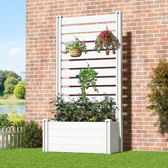 Casaphoria Raised Garden Bed with Trellis 73x37x18 Planter Box with Open Bottom for Gardening Vegetables &amp Vines and Climbing Plants White