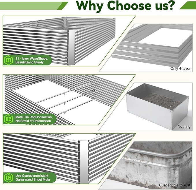 2 Pack Tall 8x3FT Raised Beds for Gardening Corrugated Galvanized Steel Raised Garden Bed Outdoor Metal Above Ground Garden Bed for Vegetables and Flowers(Rectangular)